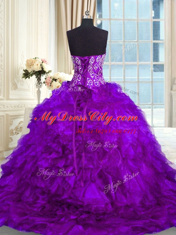 Customized Purple Organza Lace Up Sweetheart Sleeveless Vestidos de Quinceanera Brush Train Beading and Ruffles