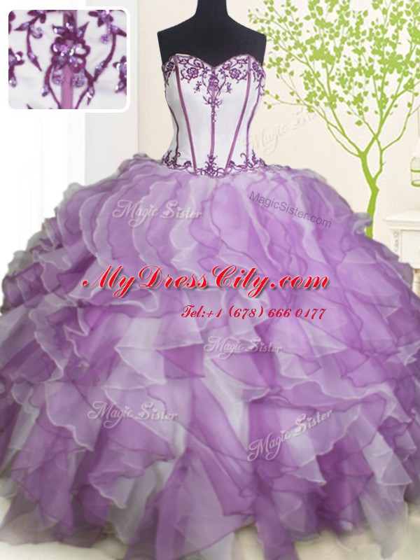 Luxurious Floor Length White And Purple Ball Gown Prom Dress Organza Sleeveless Beading and Ruffles