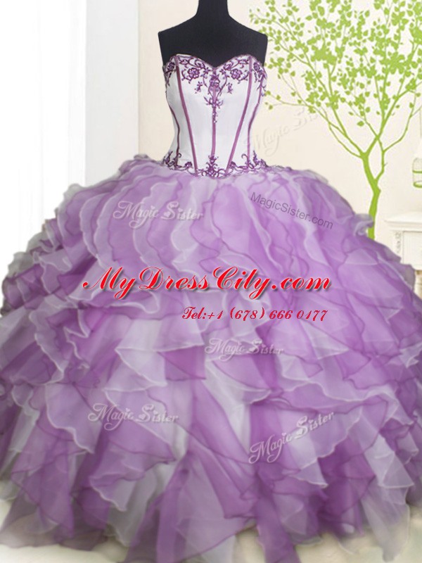 Luxurious Floor Length White And Purple Ball Gown Prom Dress Organza Sleeveless Beading and Ruffles