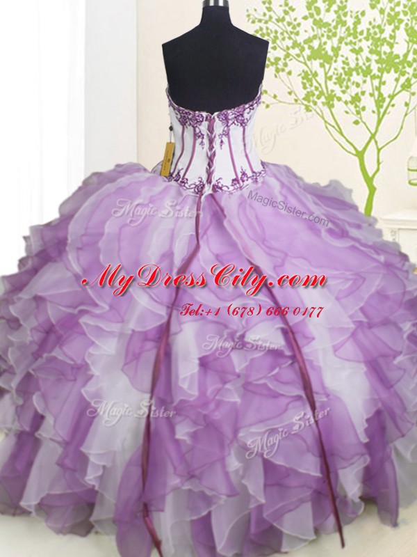 Luxurious Floor Length White And Purple Ball Gown Prom Dress Organza Sleeveless Beading and Ruffles