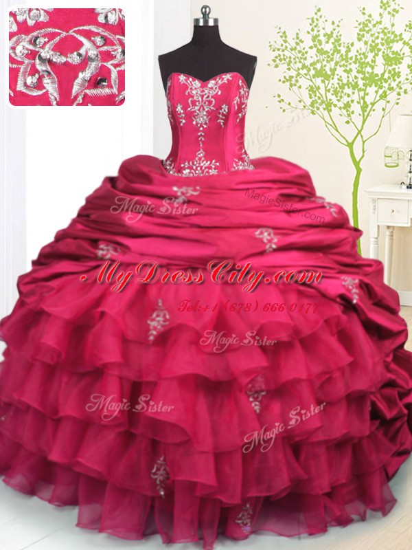 Admirable Rose Pink Strapless Neckline Beading and Appliques and Ruffled Layers and Pick Ups Quinceanera Gowns Sleeveless Lace Up