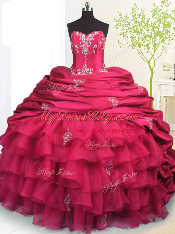 Admirable Rose Pink Strapless Neckline Beading and Appliques and Ruffled Layers and Pick Ups Quinceanera Gowns Sleeveless Lace Up