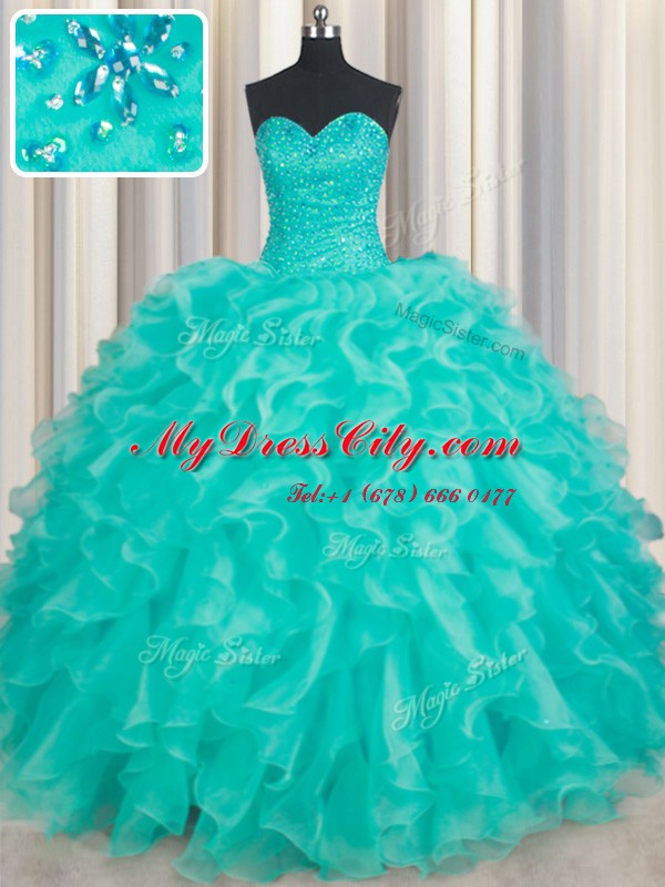 Turquoise Sweetheart Neckline Beading and Ruffles Quinceanera Dress Sleeveless Lace Up