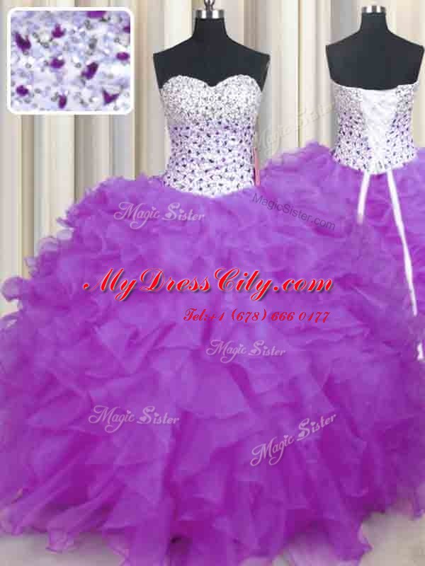 Adorable Lilac Ball Gowns Beading and Ruffles Quinceanera Dresses Lace Up Organza Sleeveless Floor Length