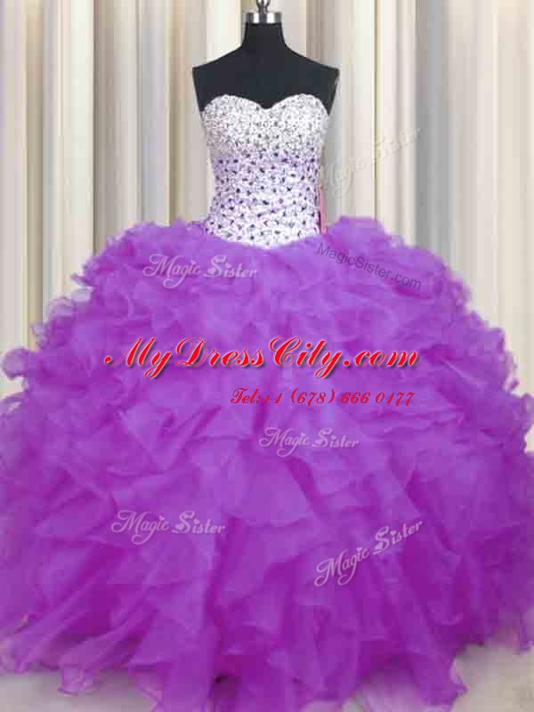 Adorable Lilac Ball Gowns Beading and Ruffles Quinceanera Dresses Lace Up Organza Sleeveless Floor Length