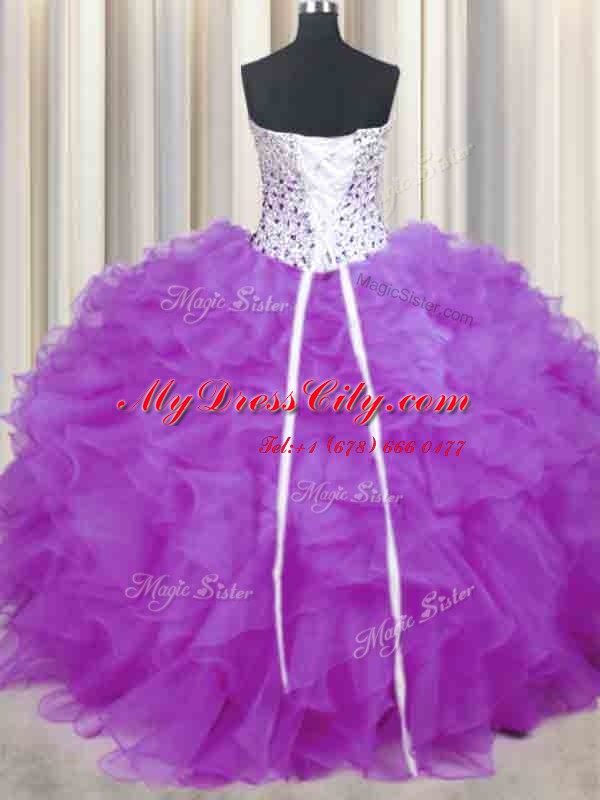 Adorable Lilac Ball Gowns Beading and Ruffles Quinceanera Dresses Lace Up Organza Sleeveless Floor Length