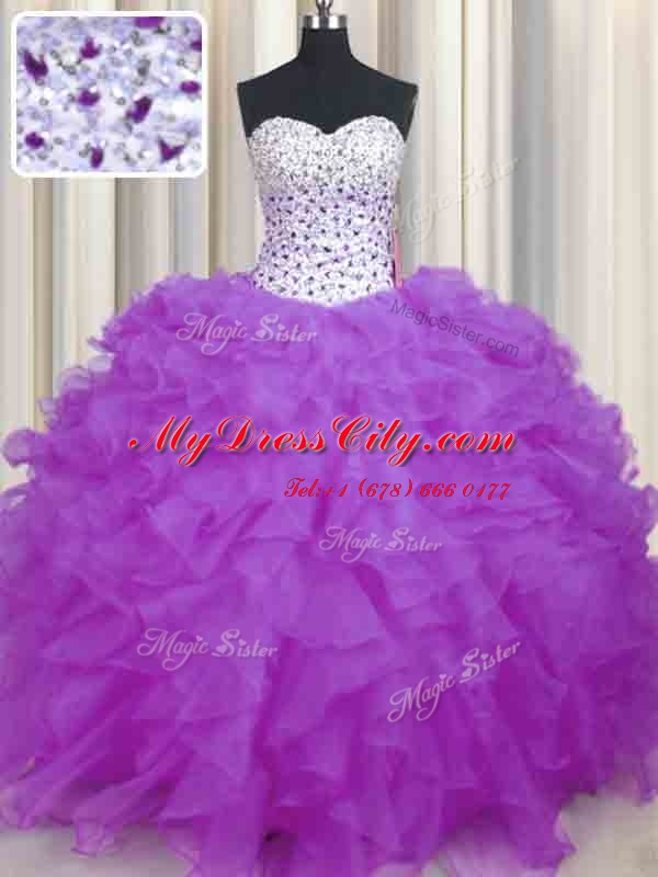 Adorable Lilac Ball Gowns Beading and Ruffles Quinceanera Dresses Lace Up Organza Sleeveless Floor Length