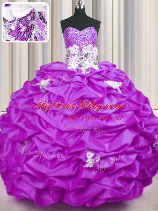 Unique Sweetheart Sleeveless Sweet 16 Dresses With Brush Train Appliques and Sequins and Pick Ups Lilac Taffeta