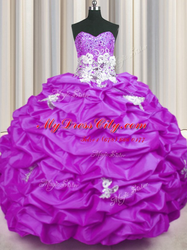 Unique Sweetheart Sleeveless Sweet 16 Dresses With Brush Train Appliques and Sequins and Pick Ups Lilac Taffeta