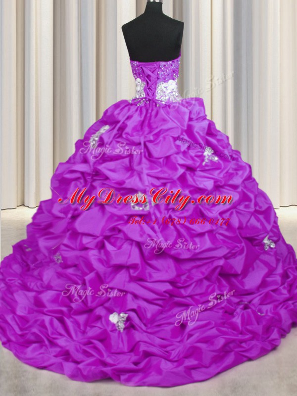 Unique Sweetheart Sleeveless Sweet 16 Dresses With Brush Train Appliques and Sequins and Pick Ups Lilac Taffeta