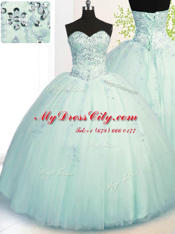 Floor Length Lace Up Vestidos de Quinceanera Apple Green for Military Ball and Sweet 16 and Quinceanera with Beading and Appliques