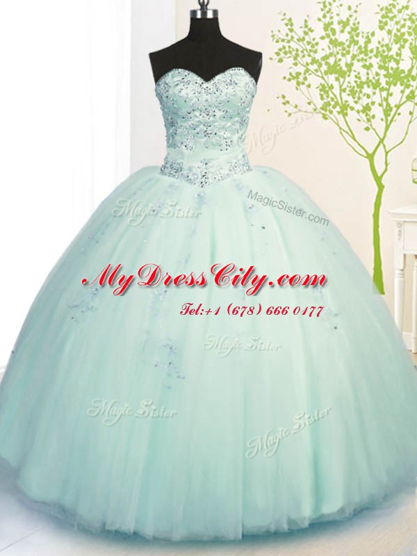 Floor Length Lace Up Vestidos de Quinceanera Apple Green for Military Ball and Sweet 16 and Quinceanera with Beading and Appliques