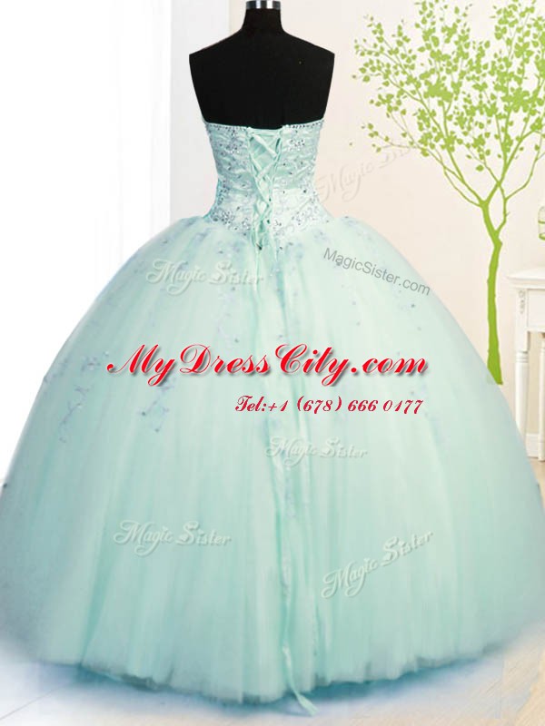 Floor Length Lace Up Vestidos de Quinceanera Apple Green for Military Ball and Sweet 16 and Quinceanera with Beading and Appliques