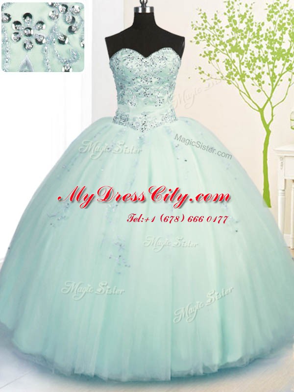 Floor Length Lace Up Vestidos de Quinceanera Apple Green for Military Ball and Sweet 16 and Quinceanera with Beading and Appliques