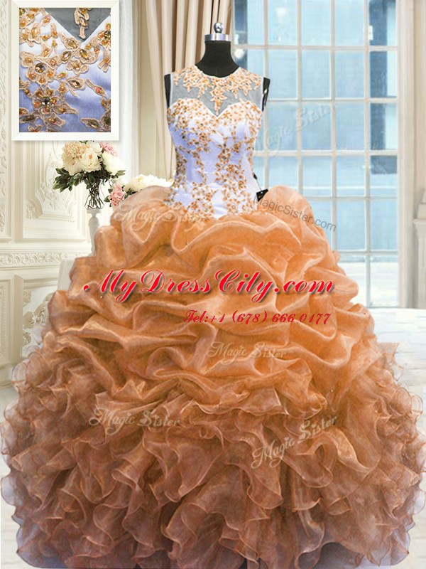 Latest Scoop Floor Length Ball Gowns Sleeveless Orange Vestidos de Quinceanera Zipper