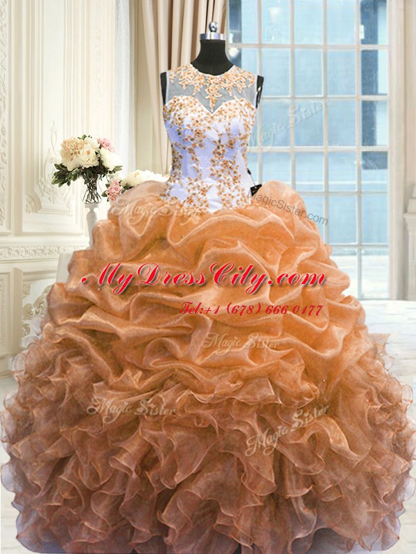 Latest Scoop Floor Length Ball Gowns Sleeveless Orange Vestidos de Quinceanera Zipper