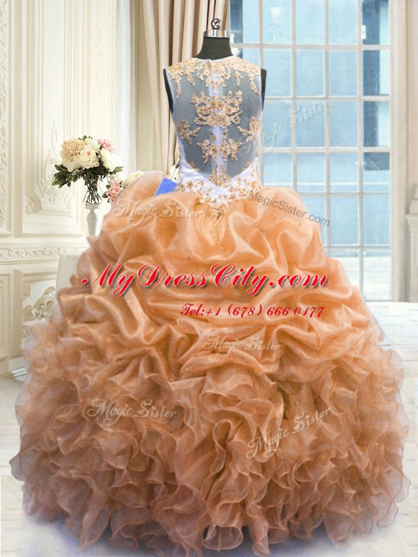 Latest Scoop Floor Length Ball Gowns Sleeveless Orange Vestidos de Quinceanera Zipper