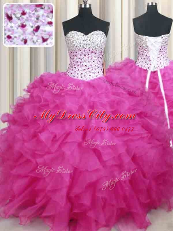 Halter Top Hot Pink Sleeveless Beading and Ruffles Floor Length Sweet 16 Dress