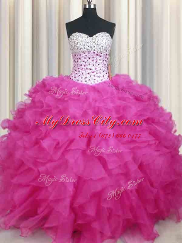 Halter Top Hot Pink Sleeveless Beading and Ruffles Floor Length Sweet 16 Dress