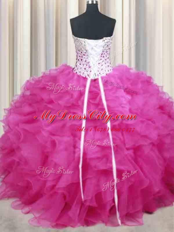 Halter Top Hot Pink Sleeveless Beading and Ruffles Floor Length Sweet 16 Dress