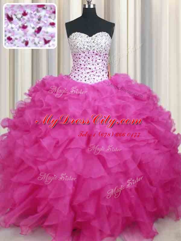 Halter Top Hot Pink Sleeveless Beading and Ruffles Floor Length Sweet 16 Dress