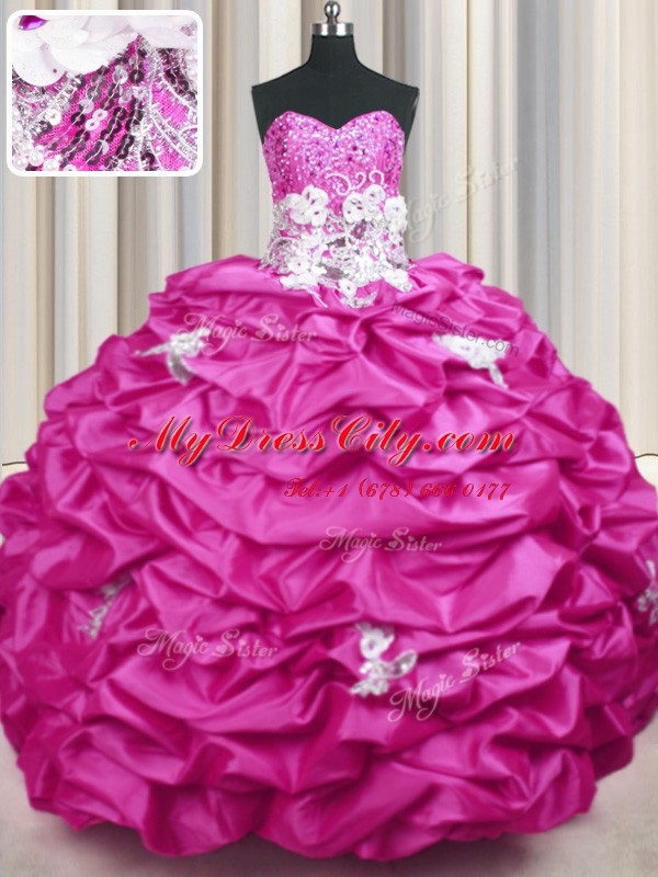 Taffeta Sweetheart Sleeveless Sweep Train Lace Up Appliques and Sequins and Pick Ups Sweet 16 Dress in Fuchsia