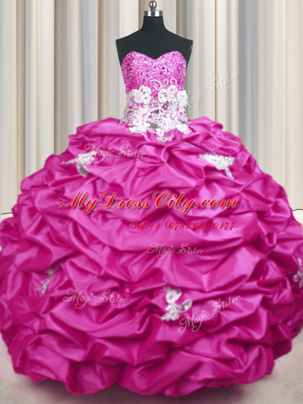 Taffeta Sweetheart Sleeveless Sweep Train Lace Up Appliques and Sequins and Pick Ups Sweet 16 Dress in Fuchsia