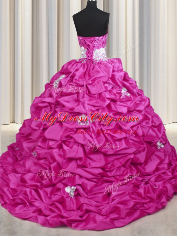 Taffeta Sweetheart Sleeveless Sweep Train Lace Up Appliques and Sequins and Pick Ups Sweet 16 Dress in Fuchsia