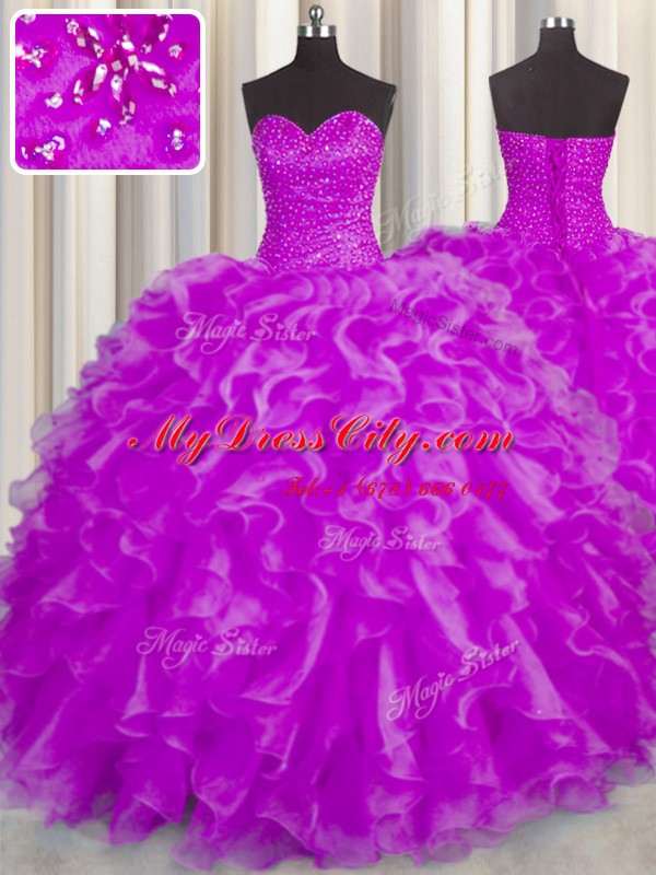 Nice Fuchsia Sleeveless Organza Lace Up Sweet 16 Quinceanera Dress for Military Ball and Sweet 16 and Quinceanera