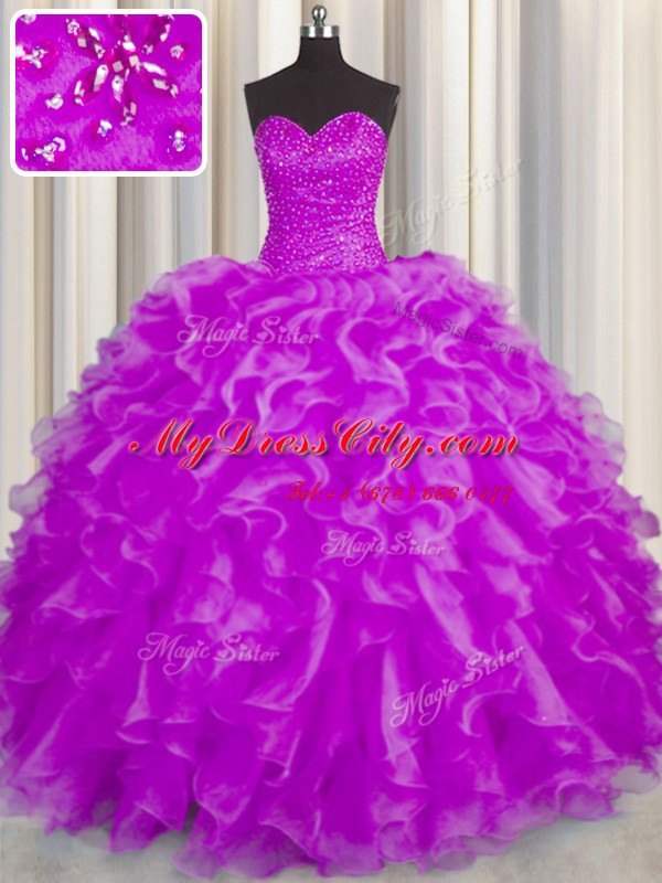 Nice Fuchsia Sleeveless Organza Lace Up Sweet 16 Quinceanera Dress for Military Ball and Sweet 16 and Quinceanera