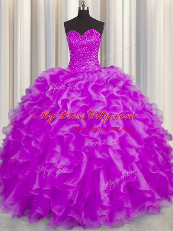 Nice Fuchsia Sleeveless Organza Lace Up Sweet 16 Quinceanera Dress for Military Ball and Sweet 16 and Quinceanera