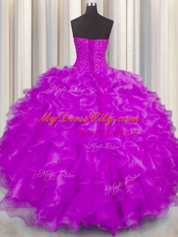 Nice Fuchsia Sleeveless Organza Lace Up Sweet 16 Quinceanera Dress for Military Ball and Sweet 16 and Quinceanera