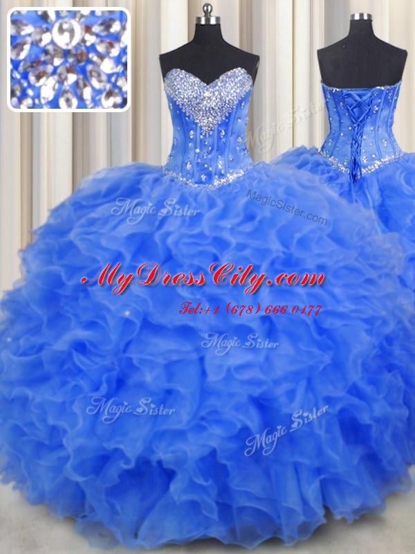 Designer Royal Blue Lace Up Quince Ball Gowns Beading and Ruffles Sleeveless Floor Length