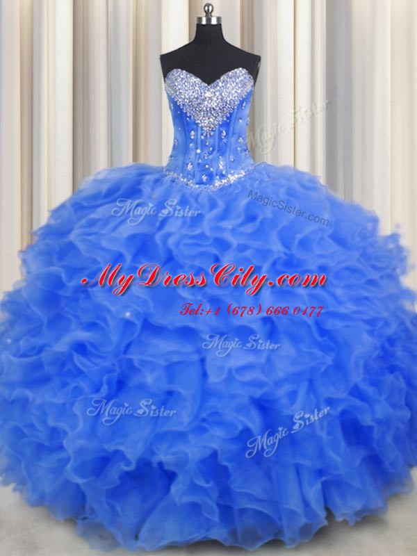 Designer Royal Blue Lace Up Quince Ball Gowns Beading and Ruffles Sleeveless Floor Length