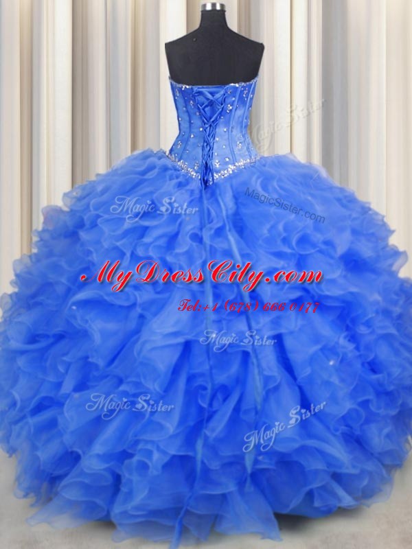 Designer Royal Blue Lace Up Quince Ball Gowns Beading and Ruffles Sleeveless Floor Length