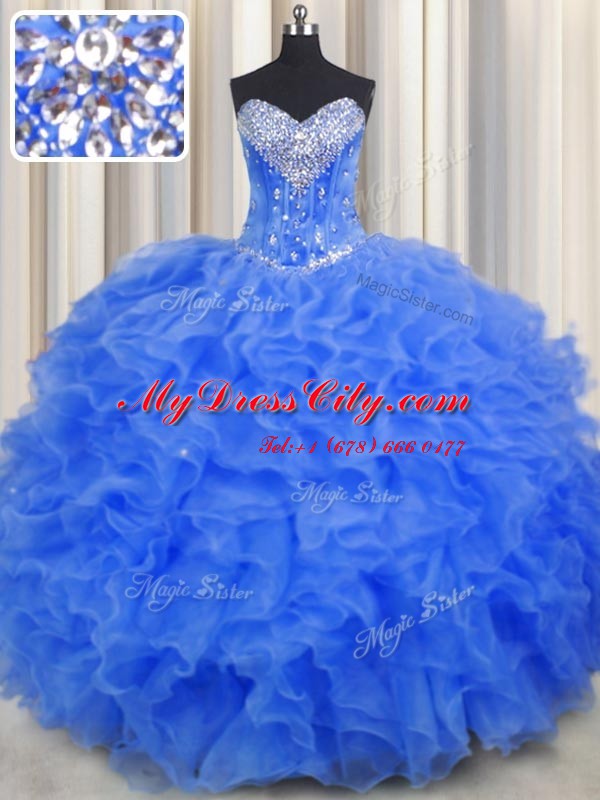 Designer Royal Blue Lace Up Quince Ball Gowns Beading and Ruffles Sleeveless Floor Length