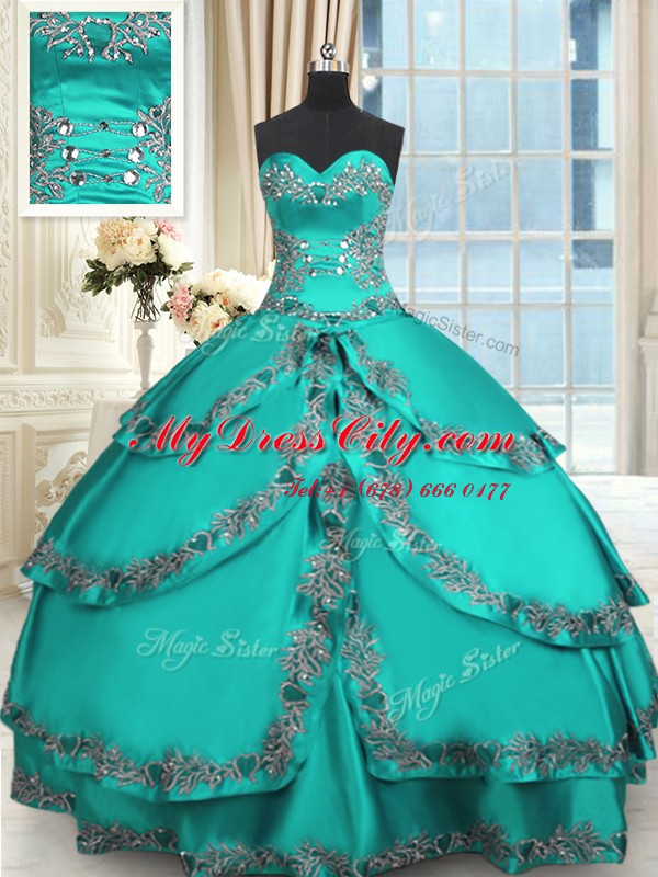 Ruffled Ball Gowns Quinceanera Gowns Turquoise Sweetheart Taffeta Sleeveless Floor Length Lace Up