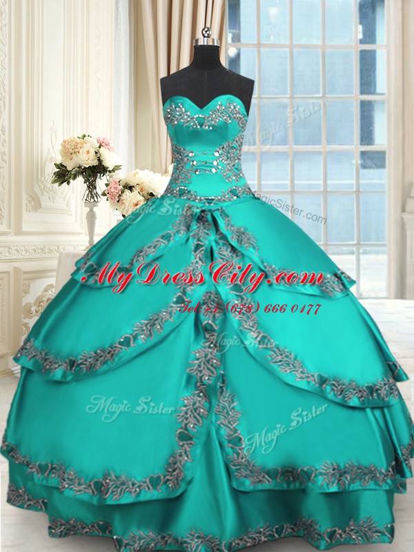 Ruffled Ball Gowns Quinceanera Gowns Turquoise Sweetheart Taffeta Sleeveless Floor Length Lace Up