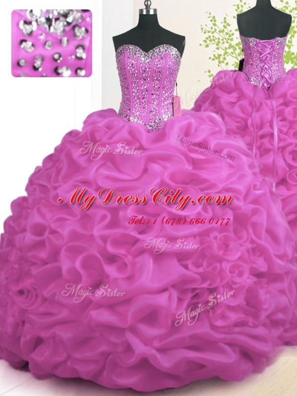 Charming Fuchsia Lace Up Vestidos de Quinceanera Beading and Ruffles Sleeveless With Brush Train