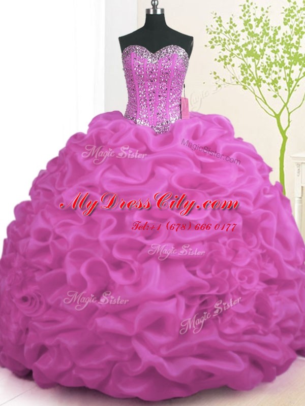 Charming Fuchsia Lace Up Vestidos de Quinceanera Beading and Ruffles Sleeveless With Brush Train