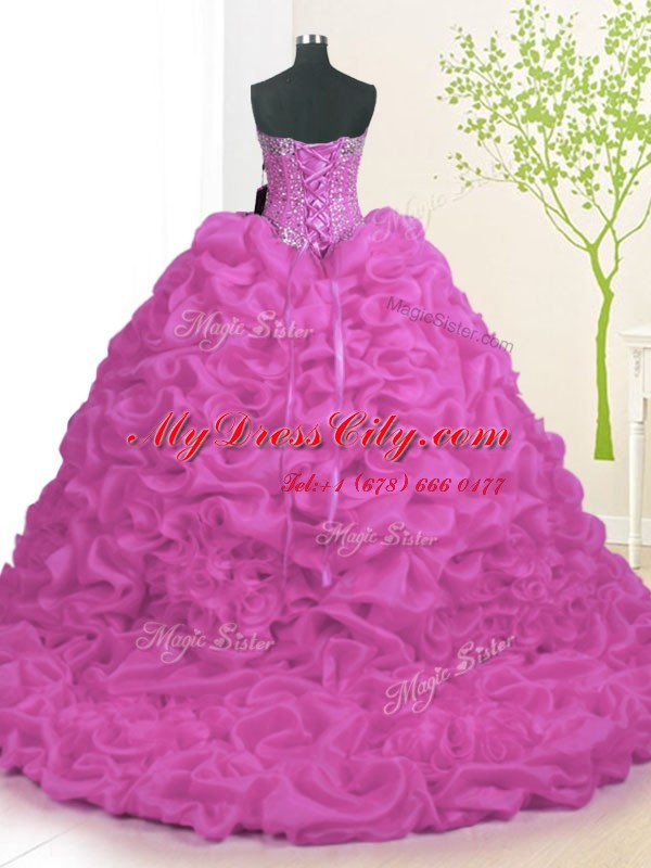 Charming Fuchsia Lace Up Vestidos de Quinceanera Beading and Ruffles Sleeveless With Brush Train