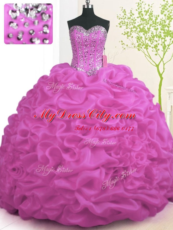 Charming Fuchsia Lace Up Vestidos de Quinceanera Beading and Ruffles Sleeveless With Brush Train