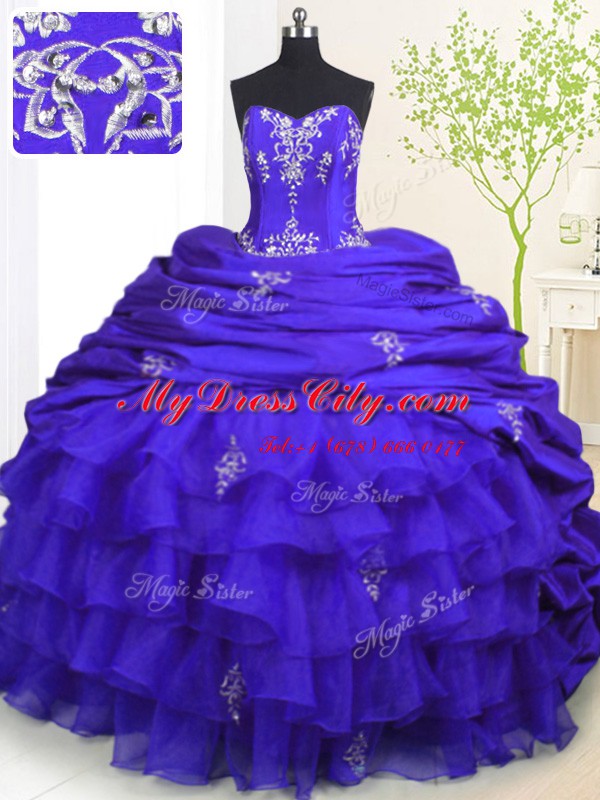 Pick Ups Ruffled Strapless Sleeveless Brush Train Lace Up Quinceanera Gown Royal Blue Organza and Taffeta