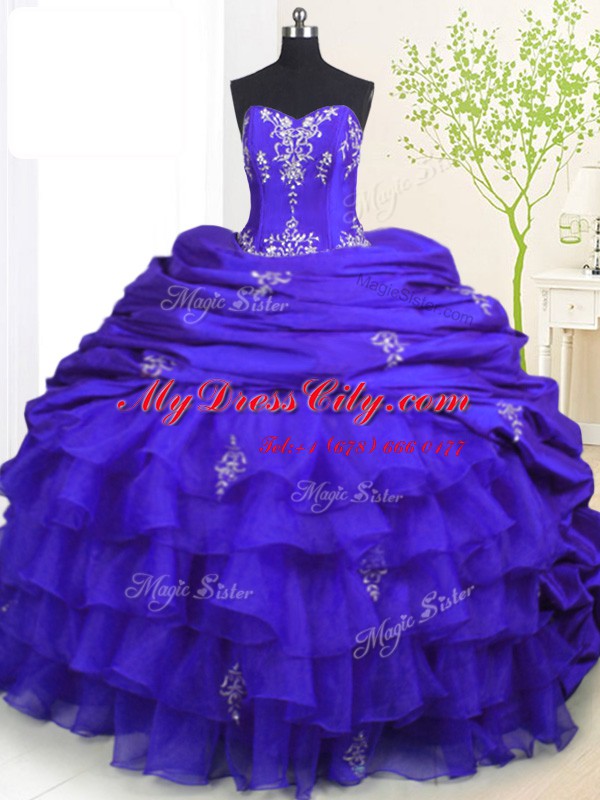 Pick Ups Ruffled Strapless Sleeveless Brush Train Lace Up Quinceanera Gown Royal Blue Organza and Taffeta