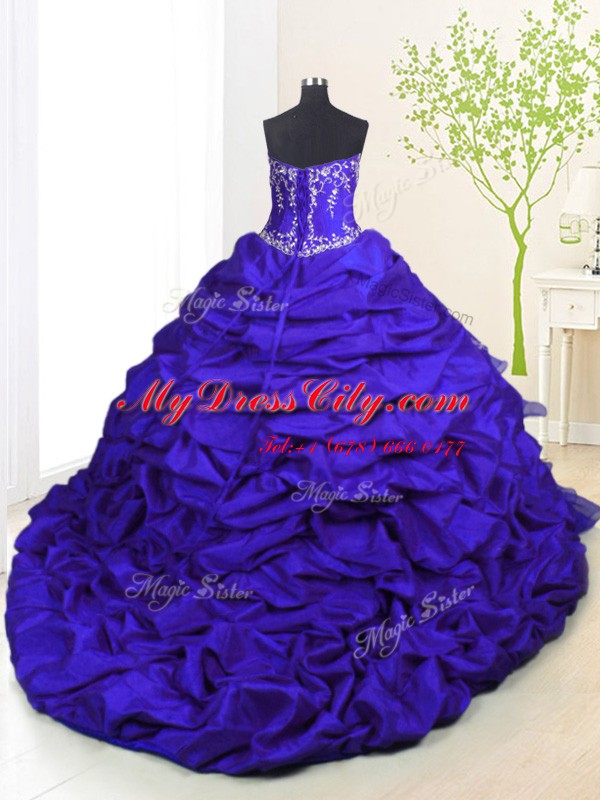 Pick Ups Ruffled Strapless Sleeveless Brush Train Lace Up Quinceanera Gown Royal Blue Organza and Taffeta