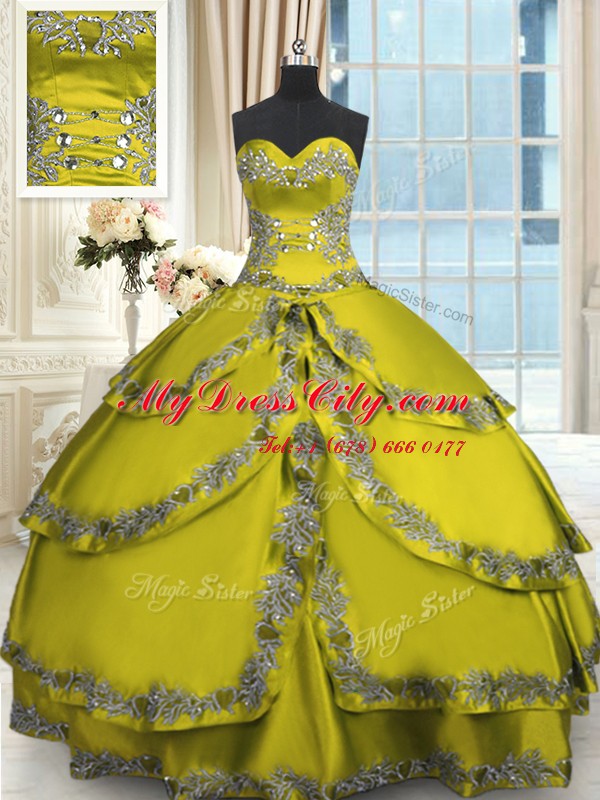 Sexy Olive Green Ball Gowns Sweetheart Sleeveless Taffeta Floor Length Lace Up Beading and Appliques and Ruffled Layers Sweet 16 Dress