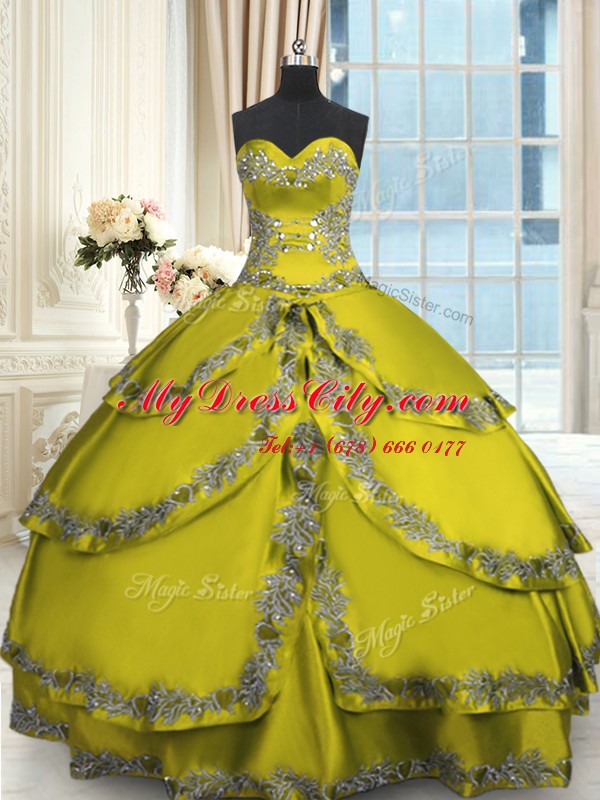 Sexy Olive Green Ball Gowns Sweetheart Sleeveless Taffeta Floor Length Lace Up Beading and Appliques and Ruffled Layers Sweet 16 Dress