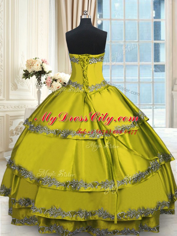 Sexy Olive Green Ball Gowns Sweetheart Sleeveless Taffeta Floor Length Lace Up Beading and Appliques and Ruffled Layers Sweet 16 Dress