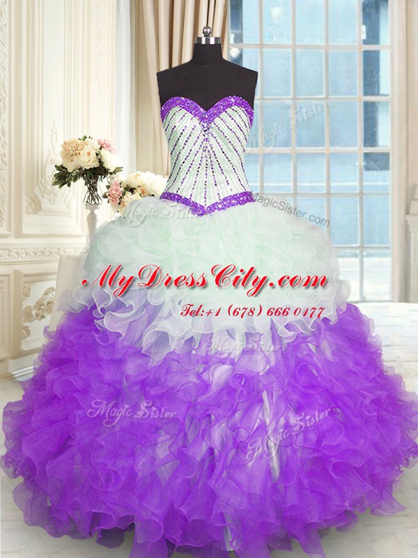 Organza Sleeveless Floor Length 15th Birthday Dress and Beading and Ruffles