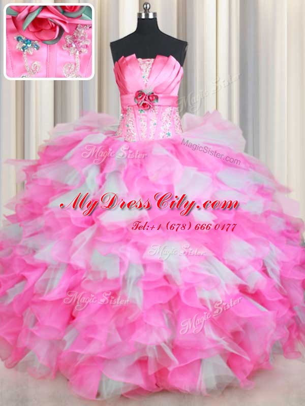 Lovely Pink And White Strapless Lace Up Beading and Ruffles and Hand Made Flower 15th Birthday Dress Sleeveless